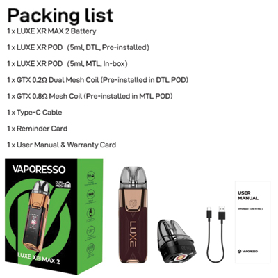 Vaporesso LUXEXR Max 2 Pod Mod Packing List